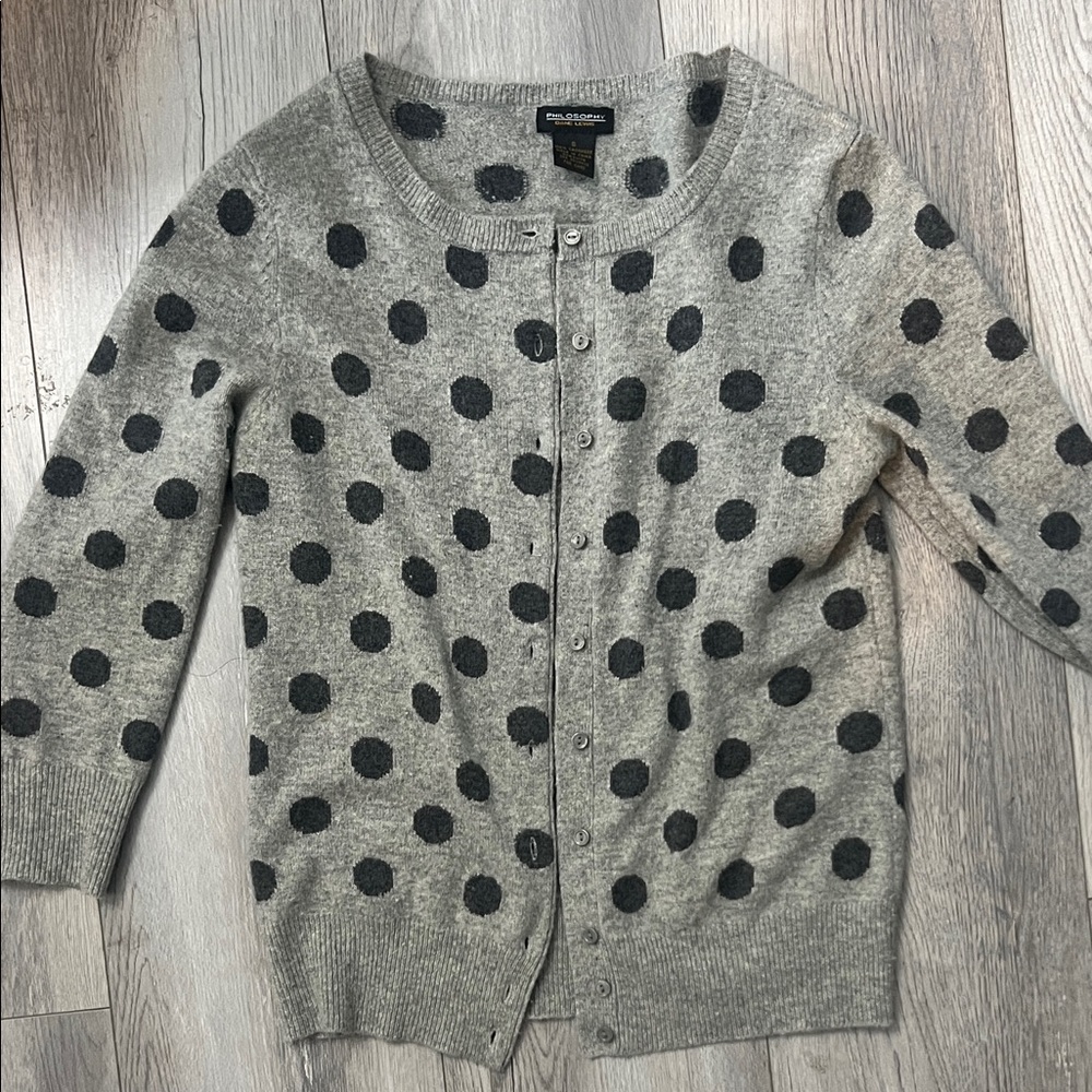 Philosophy Gray and Black Polka Dot Cardigan